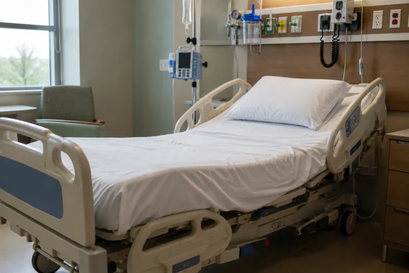 Hospital bed prepared for patient care