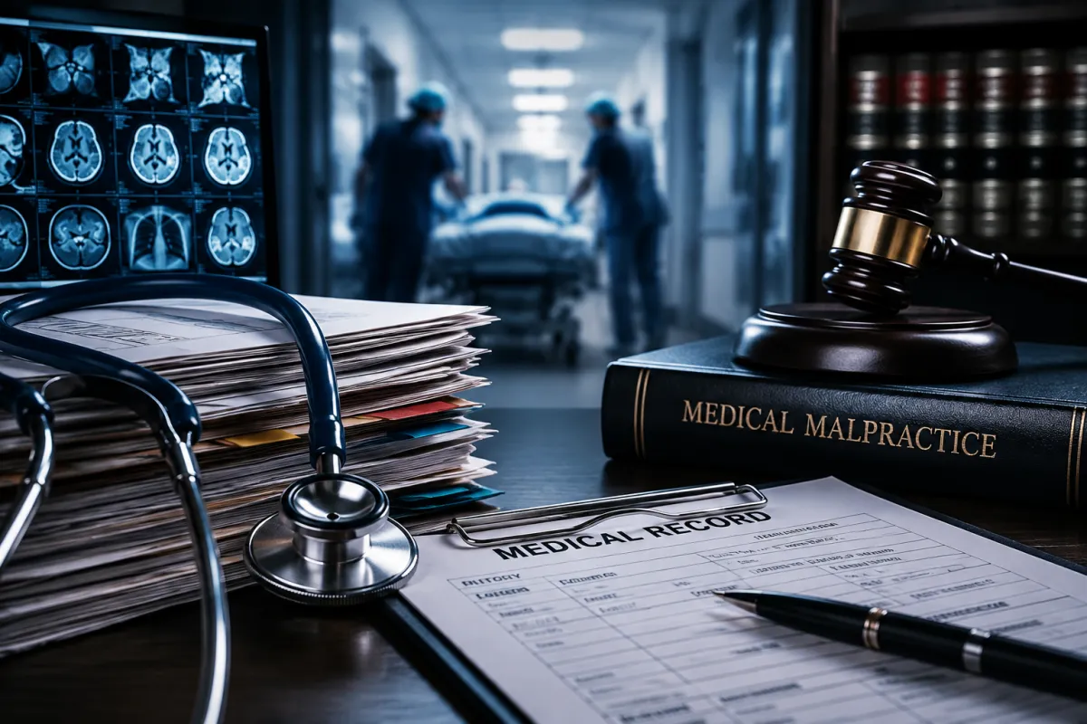 Medical records, diagnostic images, a stethoscope, and a judge's gavel